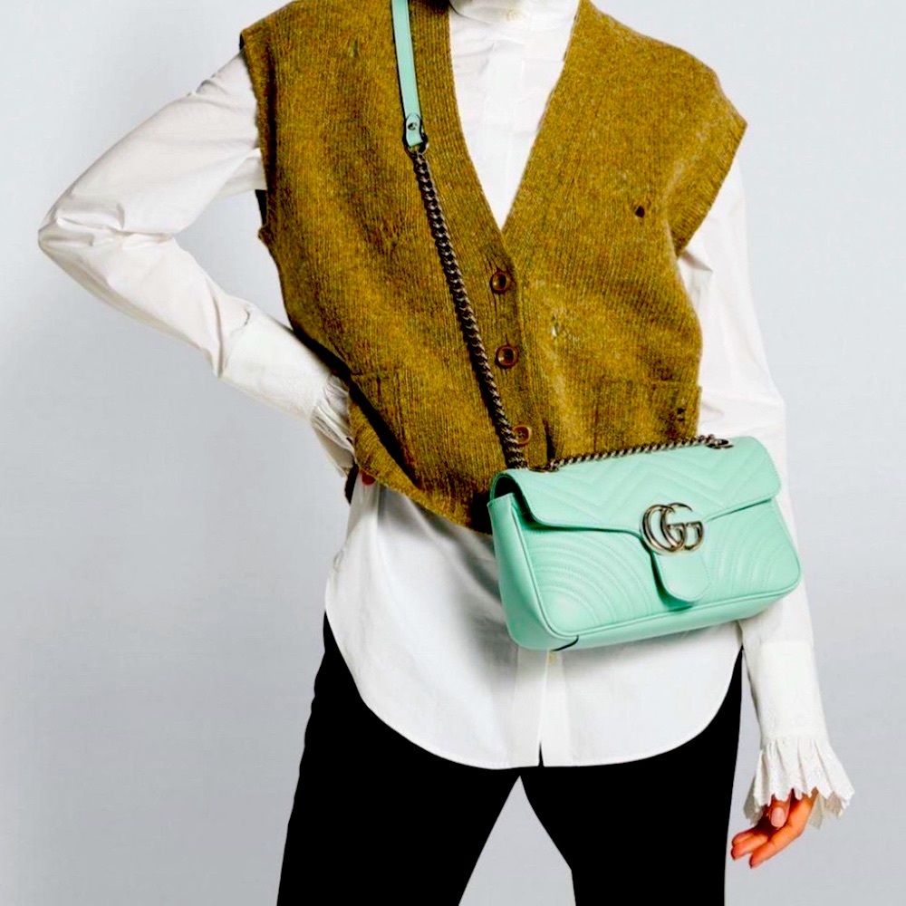 Rare & Limited Edition Gucci Marmont Small GG Matelassé Pastel Green Calfskin!